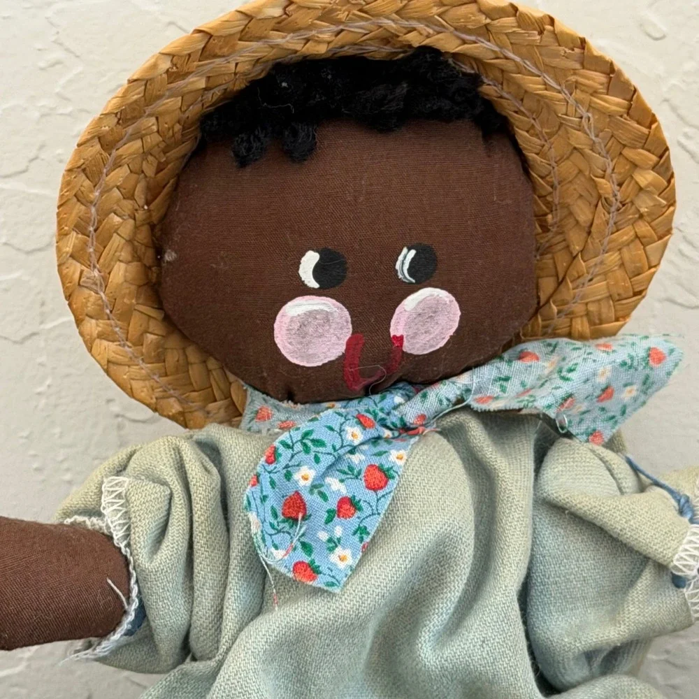 Vintage African Doll Folk Art‎ Primitive Blue Little Kid Straw Hat Cottagecore
